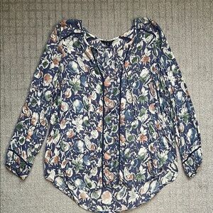 Lucky Brand Boho Peasant Blouse Notched Collar with Ties Blue Floral Size Medium
